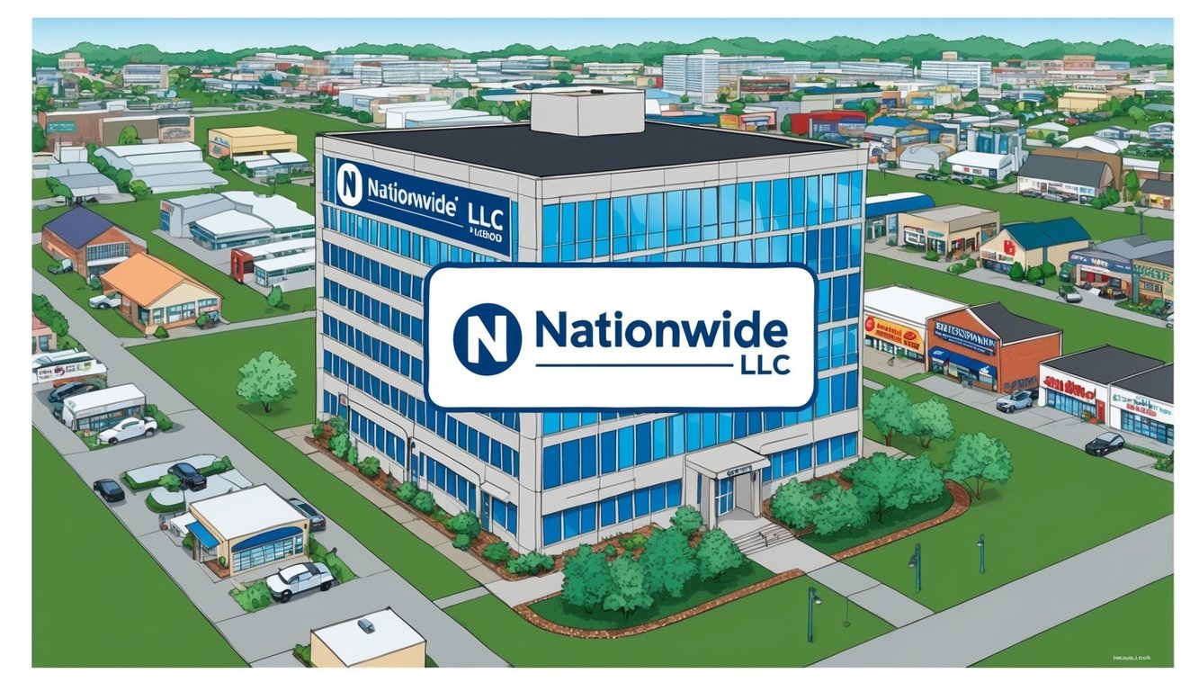 An office building with the Nationwide LLC logo prominently displayed, surrounded by a diverse range of small businesses