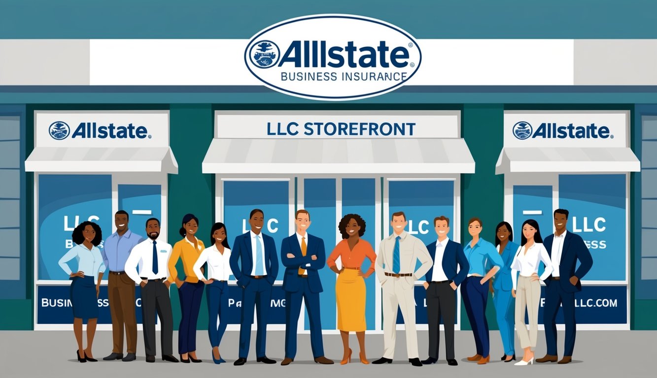 A group of diverse business owners stand confidently in front of their LLC storefronts, while the Allstate Business Insurance logo prominently hangs above them