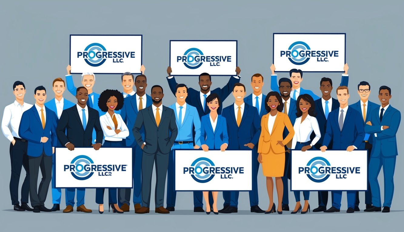 A group of diverse business owners stand confidently in front of their respective LLCs, each displaying a sign with the Progressive logo.</p><p>The scene exudes professionalism and trustworthiness