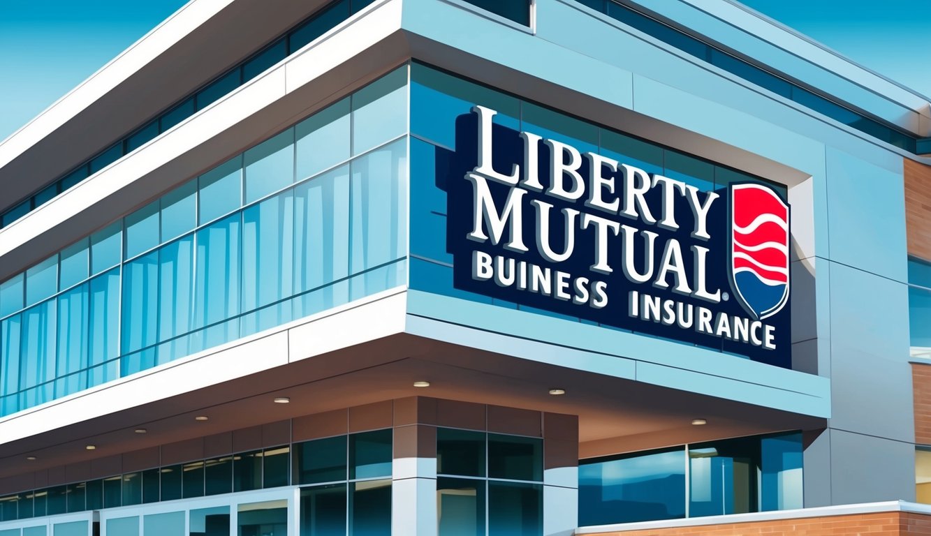 A modern office building with a Liberty Mutual Business Insurance sign displayed prominently