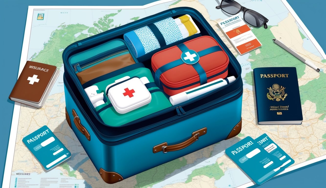 Open suitcase with first aid kit, passports, and travel essentials on a map