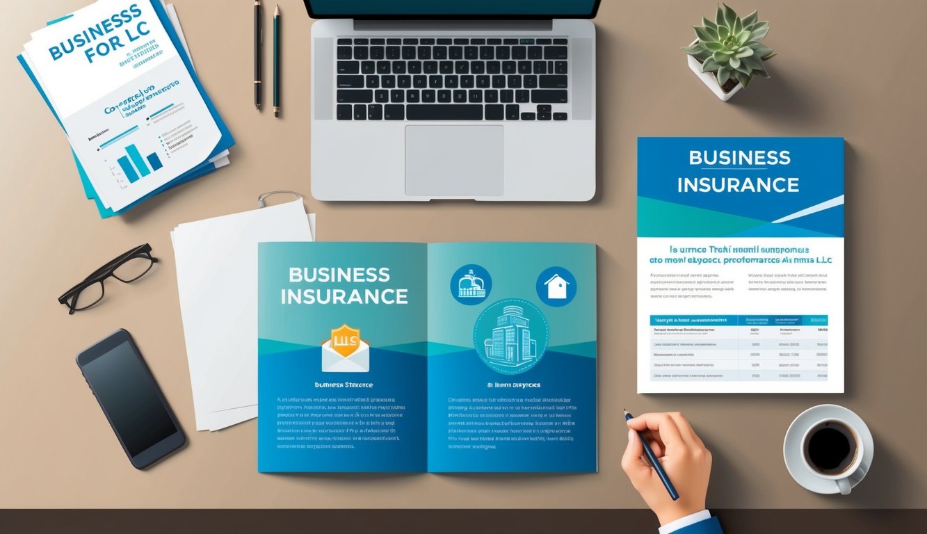 An office desk with a laptop, paperwork, and a business insurance brochure.</p><p>A modern and professional setting with a focus on insurance for LLCs