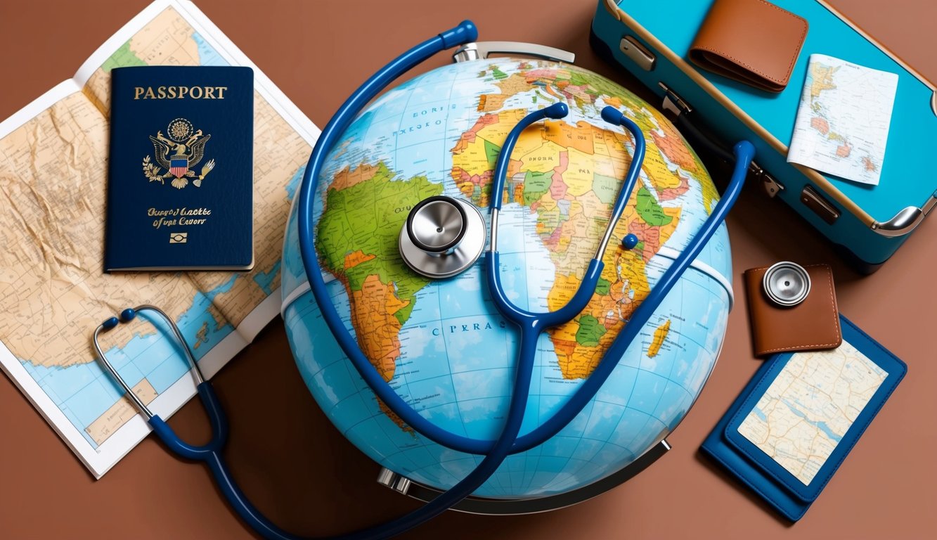 A globe with a stethoscope wrapped around it, surrounded by travel essentials like a passport, map, and suitcase