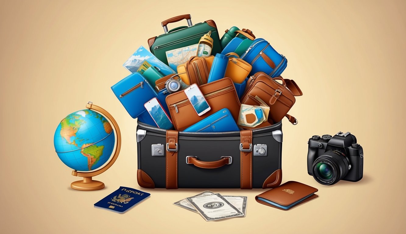 Suitcase overflowing with travel items, globe, passport, camera, and documents
