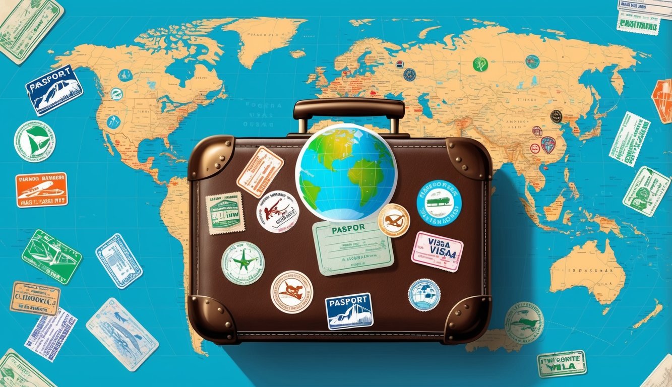 A suitcase with travel stickers, a world map, and a passport with various visa stamps scattered around