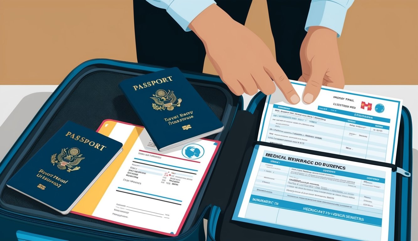 A person packing a suitcase with a passport, travel itinerary, and medical insurance documents laid out on a table