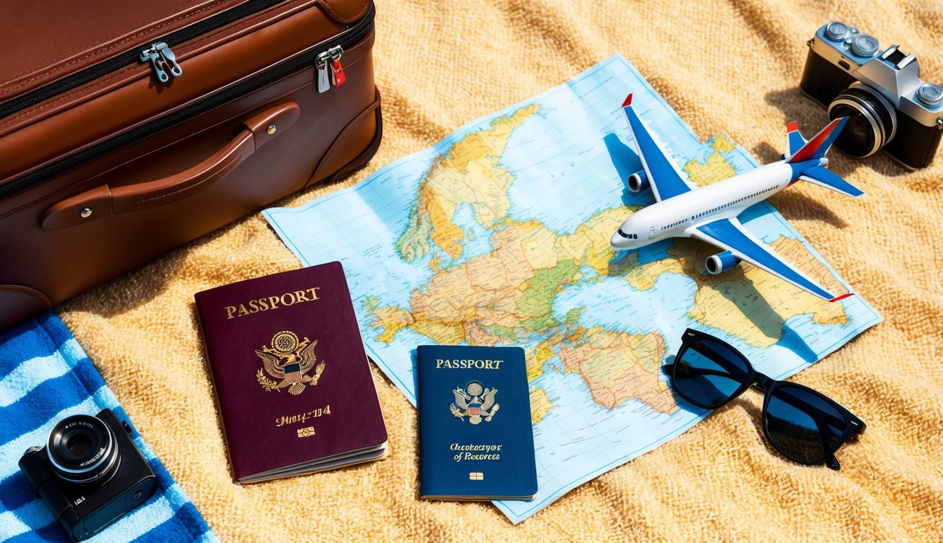 A suitcase, passport, and map lay on a beach towel, with sunglasses and a camera nearby.</p><p>A plane flies overhead