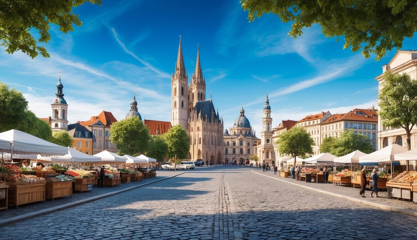 A scenic European landscape with iconic landmarks, cobblestone streets, and bustling markets, all under a clear blue sky