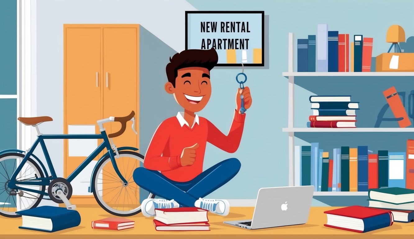 A college student smiling while holding a key to their new rental apartment, surrounded by books, a laptop, and a bicycle