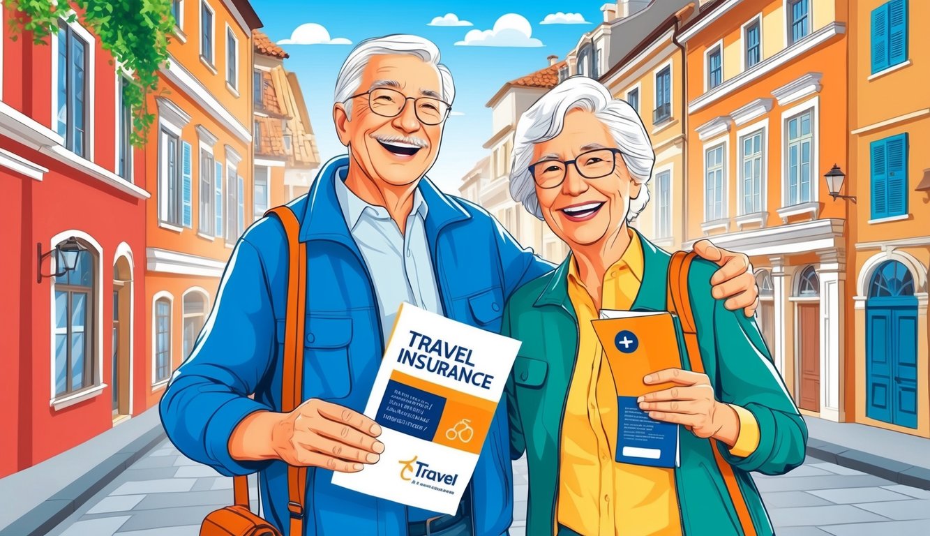 Smiling senior couple holding travel insurance documents in a European street