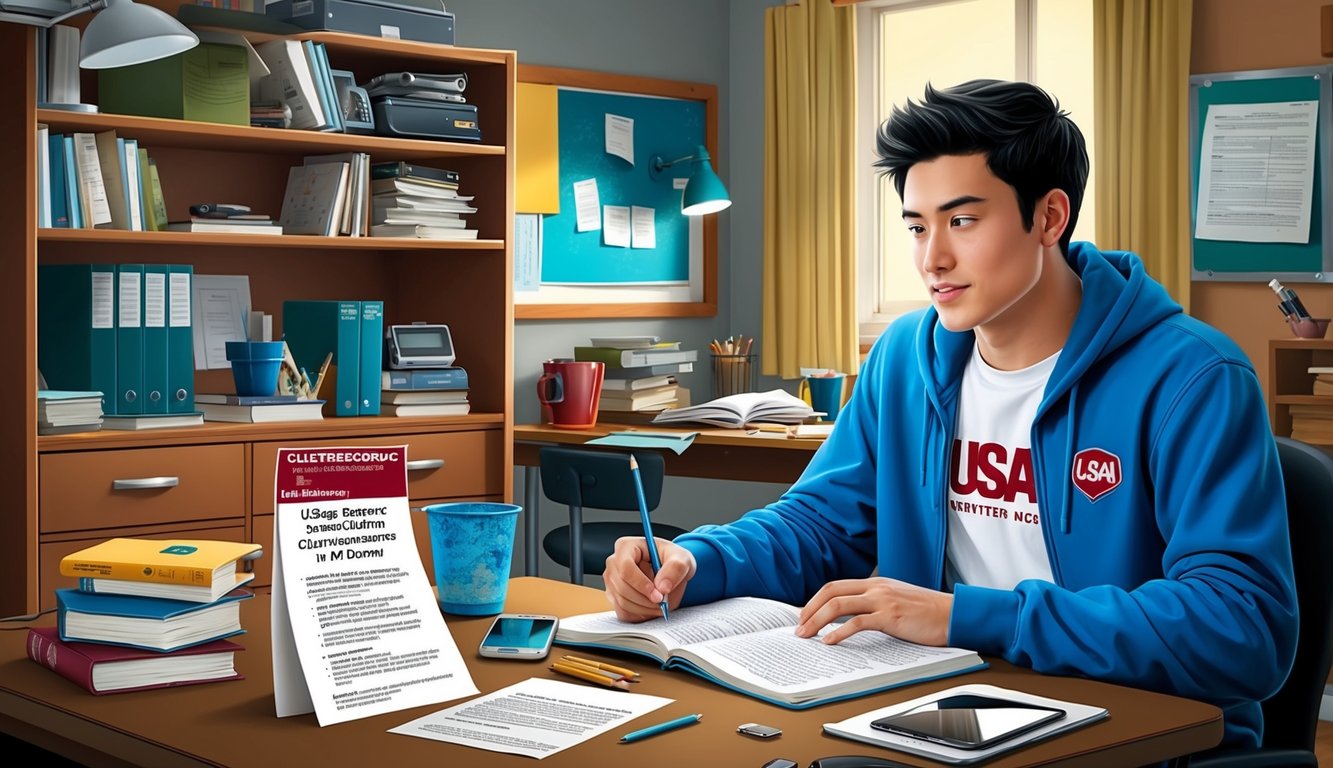 A college student studying in a cluttered dorm room with a USAA renters insurance policy displayed on the desk