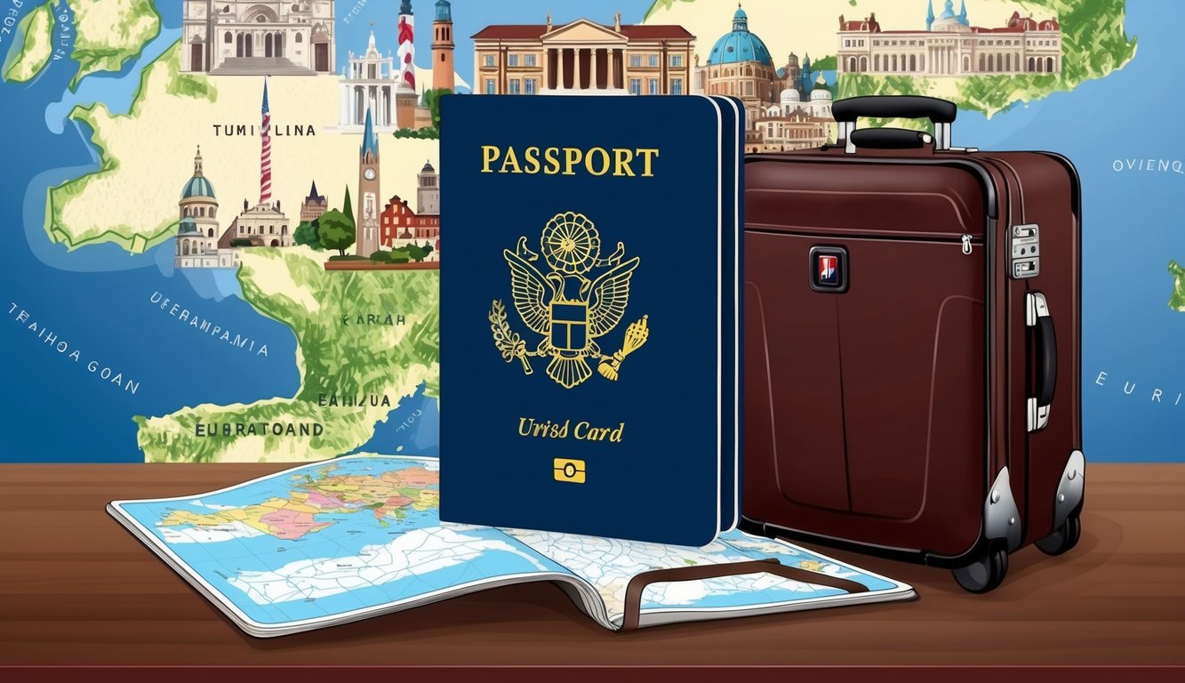 A passport, map, and suitcase with European landmarks in the background