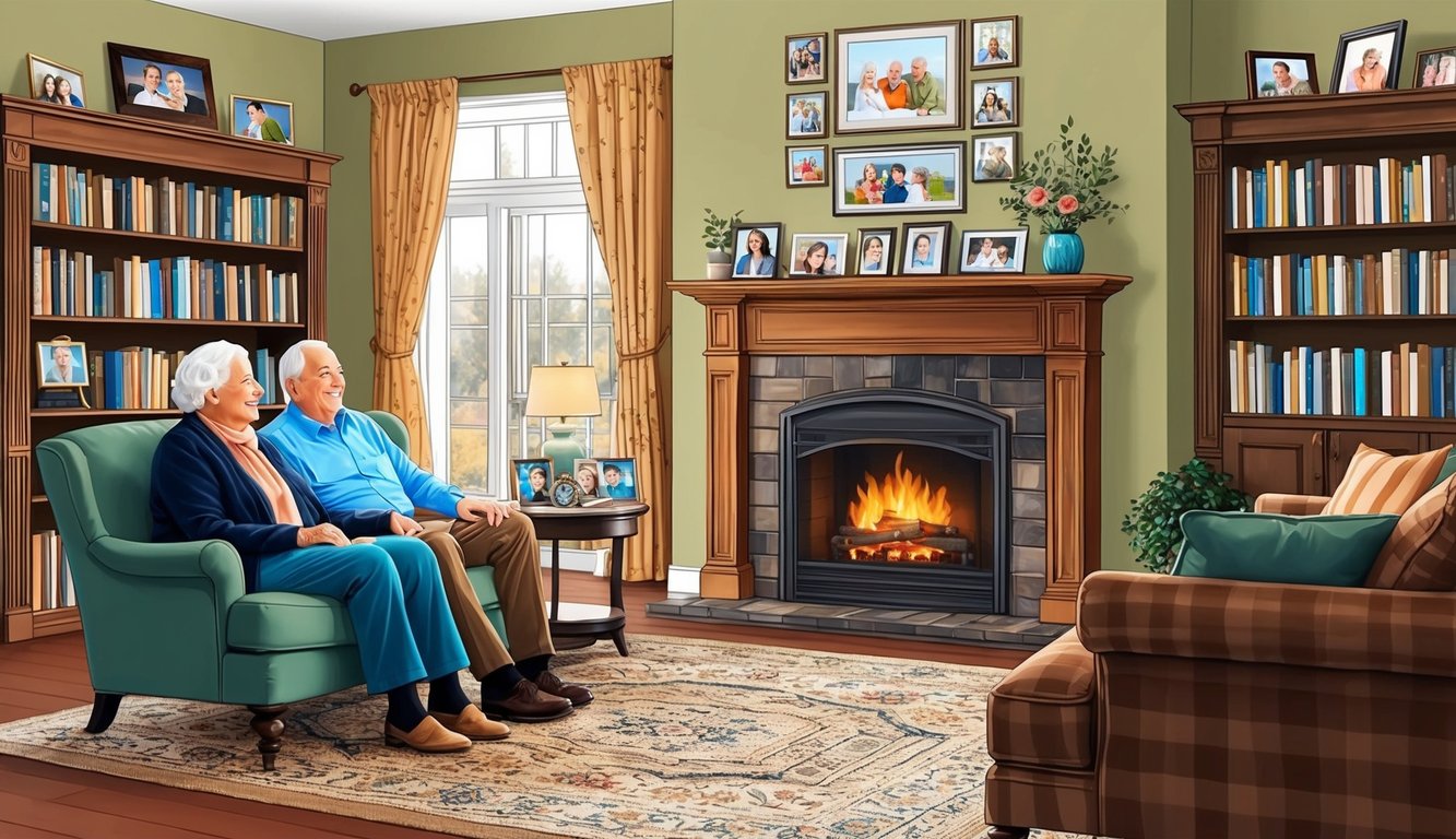 Elderly couple sitting in a cozy living room with a fireplace