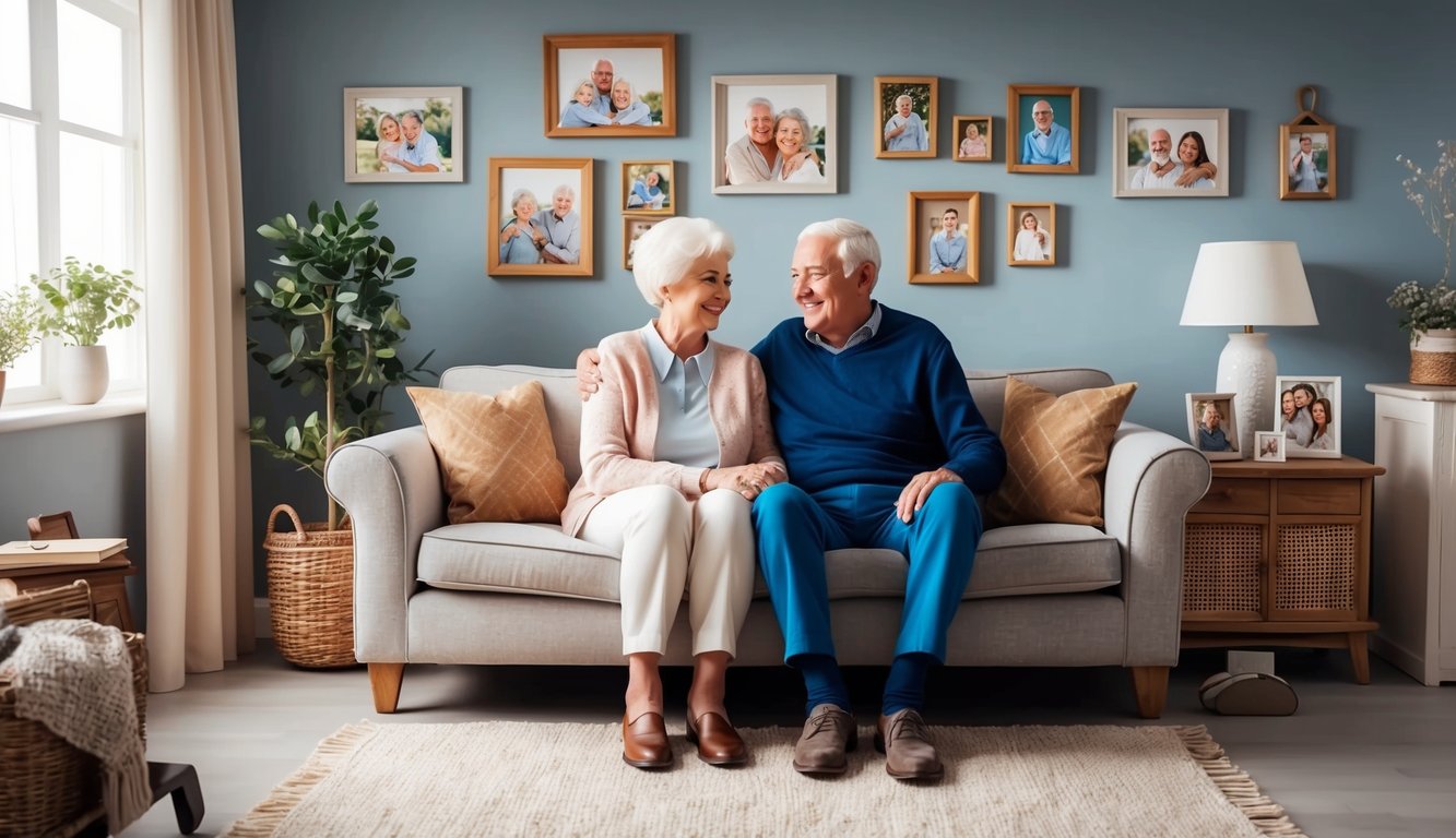 A cozy senior couple sitting on a comfortable couch in their well-maintained home, surrounded by family photos and cherished possessions