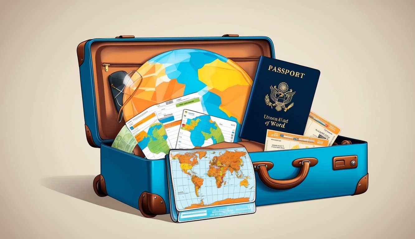 Open suitcase with passport, maps, globe, and travel documents