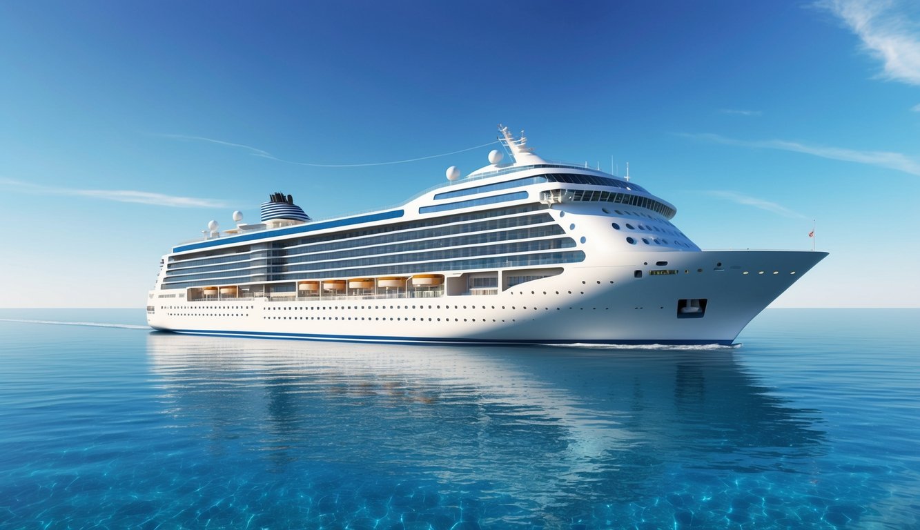 A luxurious cruise ship sailing under a clear blue sky, surrounded by calm, crystal-clear waters