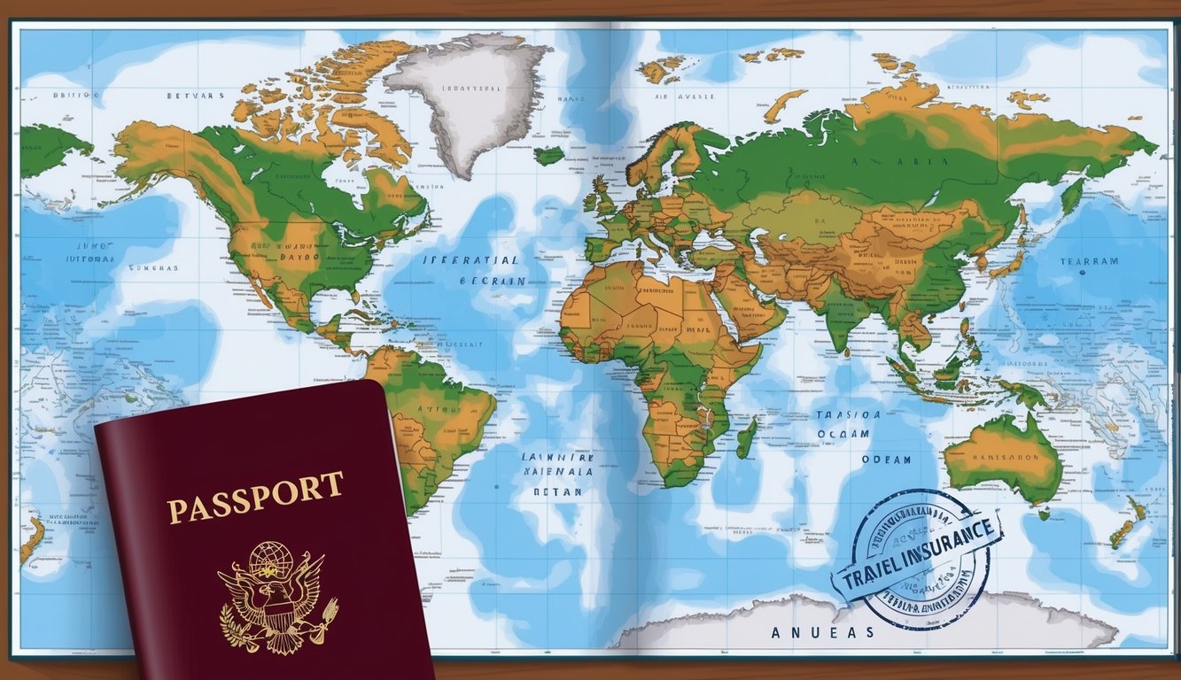 A world map with highlighted international destinations and a passport with travel insurance stamp