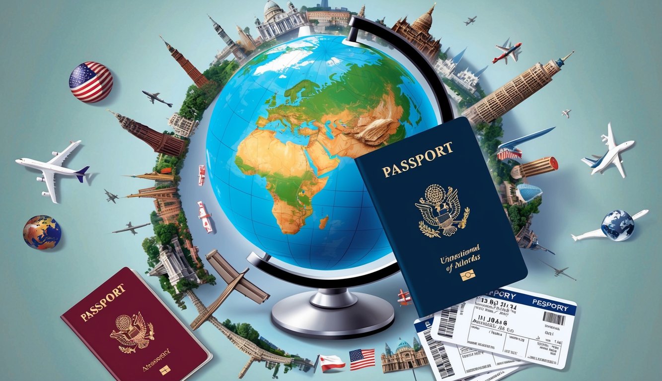 A globe surrounded by various international landmarks, with a passport and airplane tickets nearby