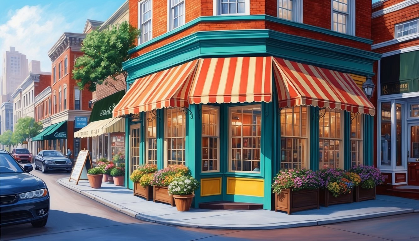 Corner shop with striped awning, flower boxes, and brick buildings on a street