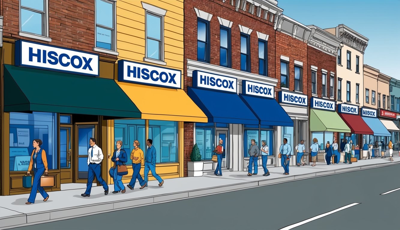 A bustling city street with a row of small businesses, each with a Hiscox insurance sign displayed prominently.</p><p>A mix of storefronts and offices, with people coming and going