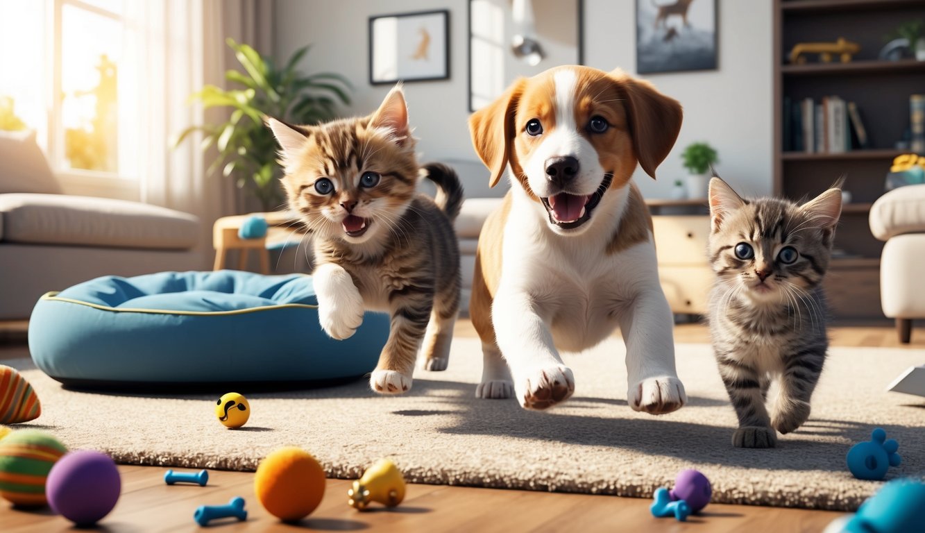 A playful puppy and two kittens running towards the camera