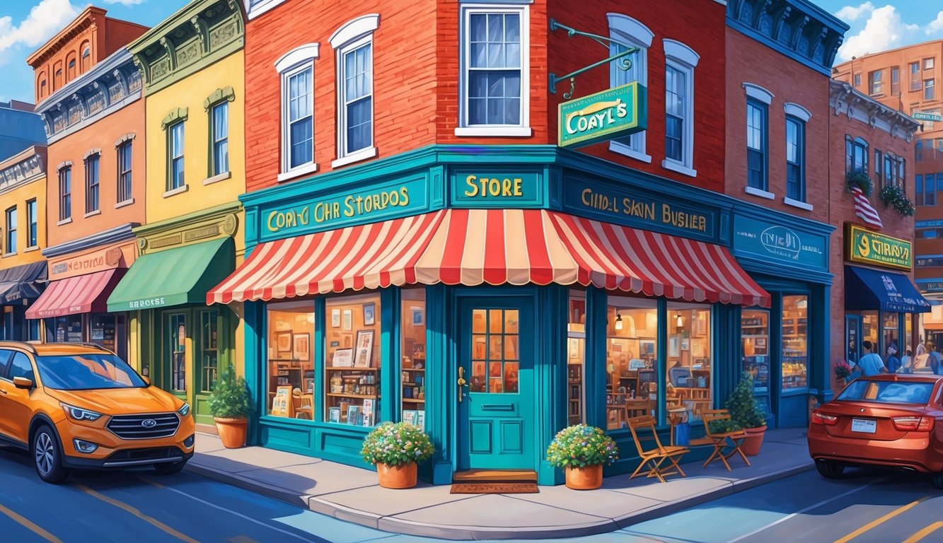 A cozy storefront with a vibrant sign, surrounded by bustling small businesses in a lively urban setting