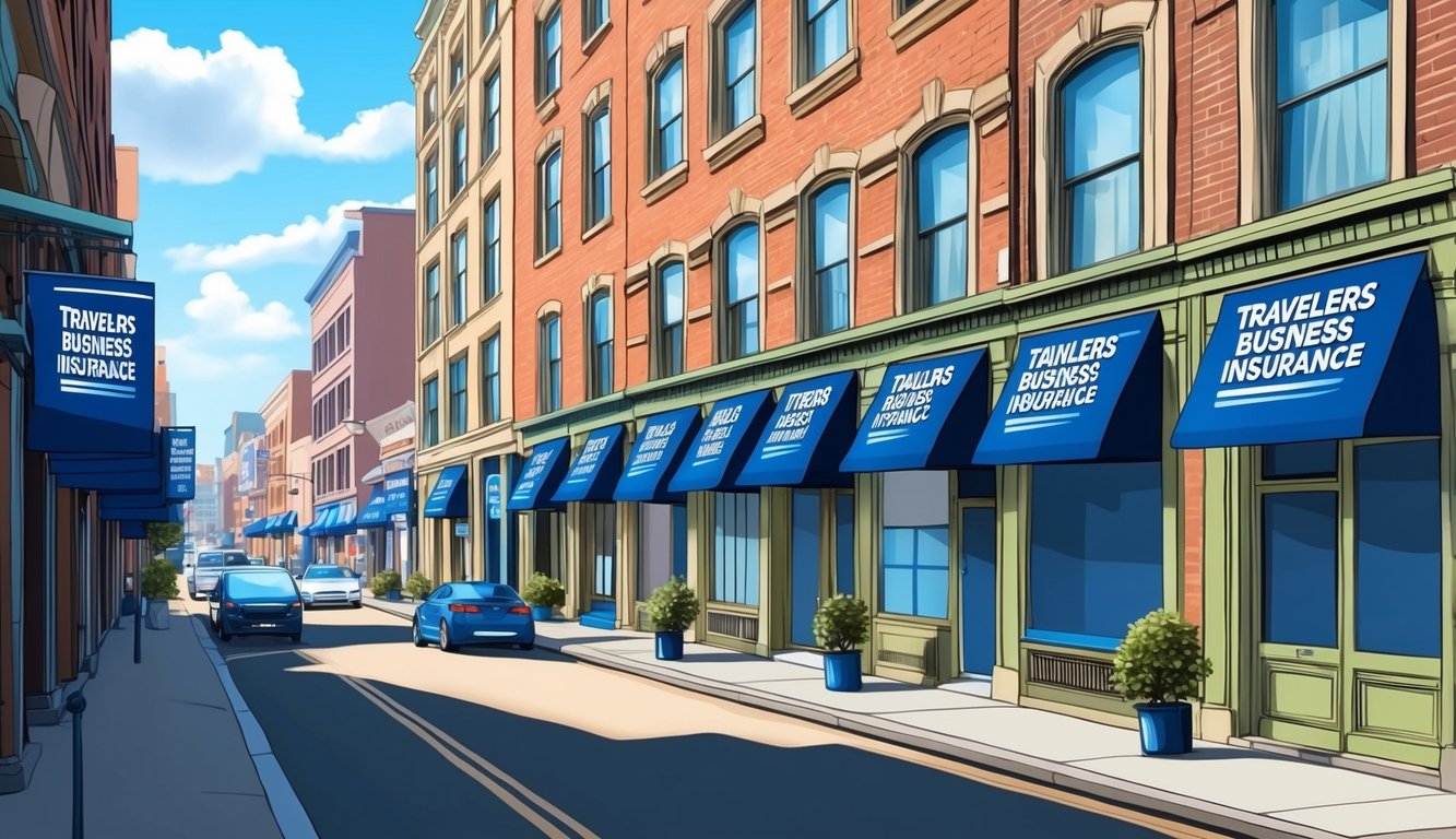 A bustling city street with a row of small businesses, each with a sign displaying "Travelers Business Insurance - Best small business insurance."