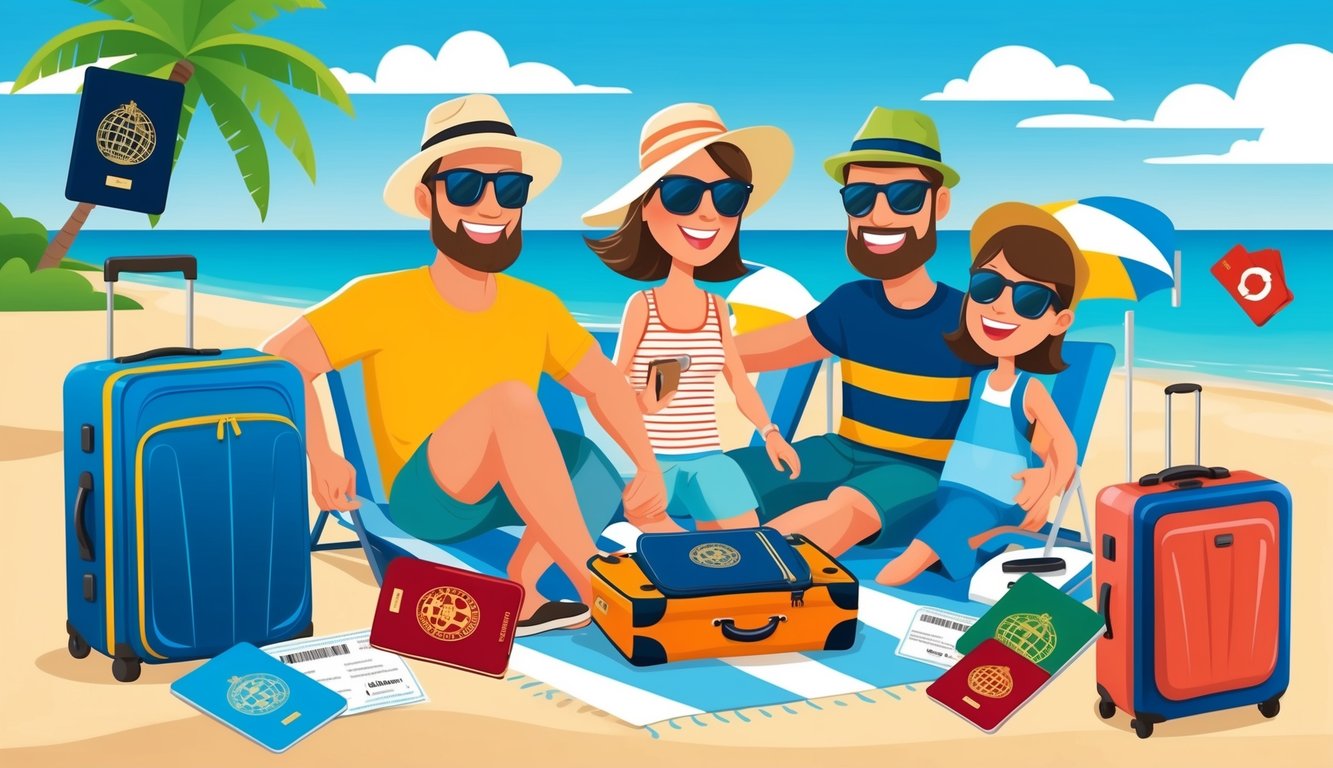 Family on beach with luggage, passports, and tickets, ready for vacation