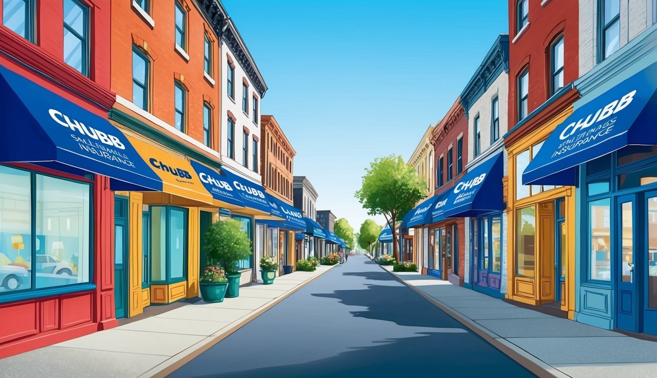 A bustling street with small businesses, each with a sign displaying "Chubb Small Business Insurance." Bright and inviting storefronts line the sidewalk