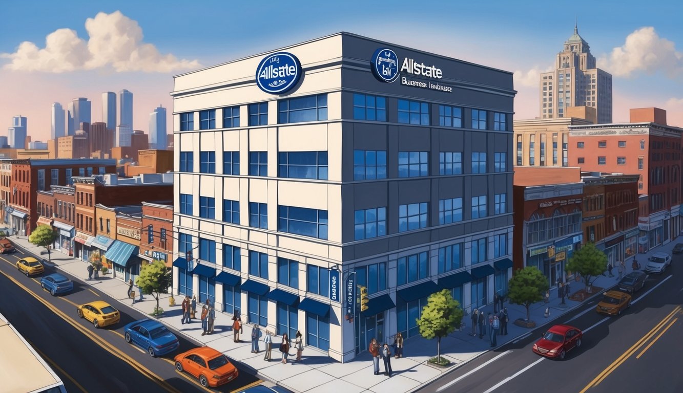 An office building with a prominent Allstate Business Insurance sign, surrounded by small businesses and bustling city streets