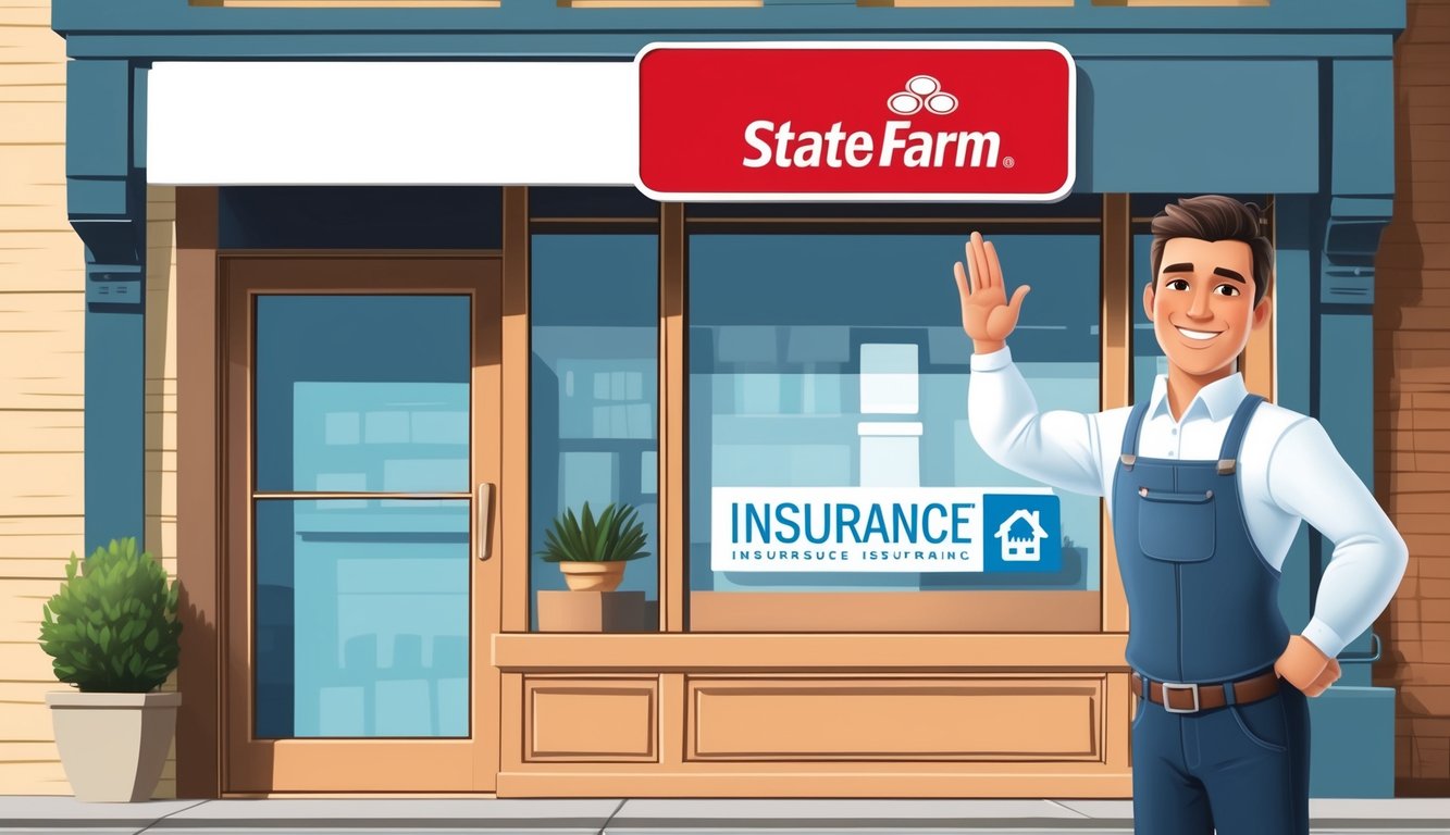 A small business owner stands proudly in front of their storefront, with a bright and welcoming State Farm insurance sign displayed prominently