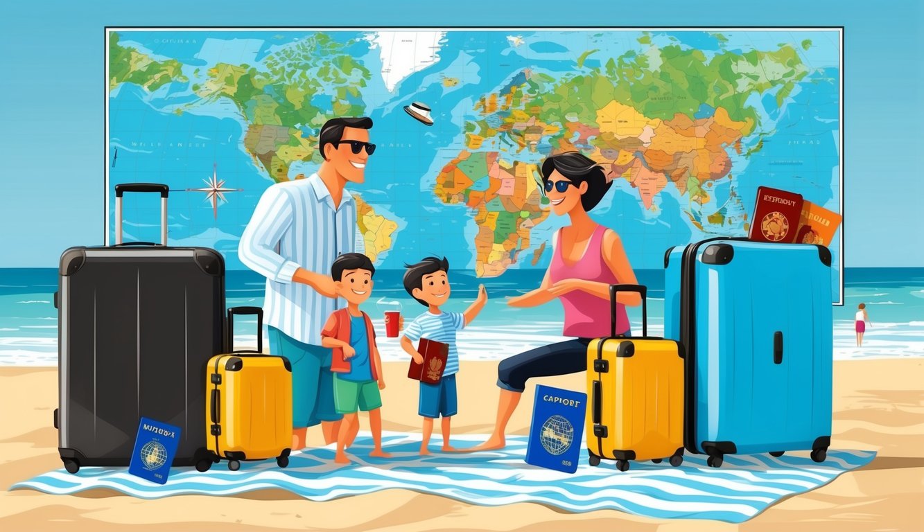 A family on a beach vacation with suitcases, passports, and a world map