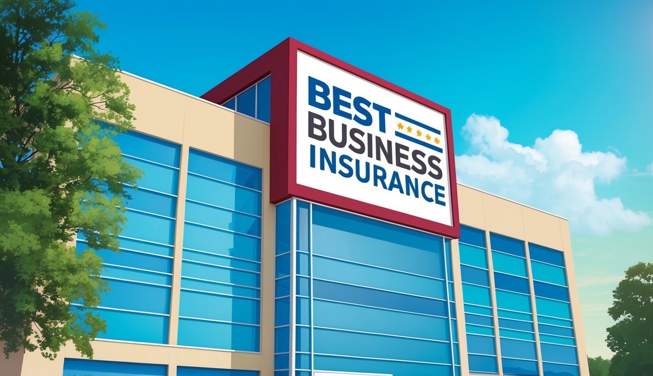Modern building with "Best Business Insurance" sign, blue sky