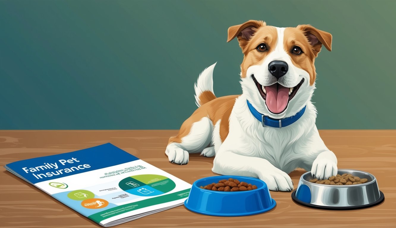 Smiling dog with pet food bowls and family pet insurance brochure