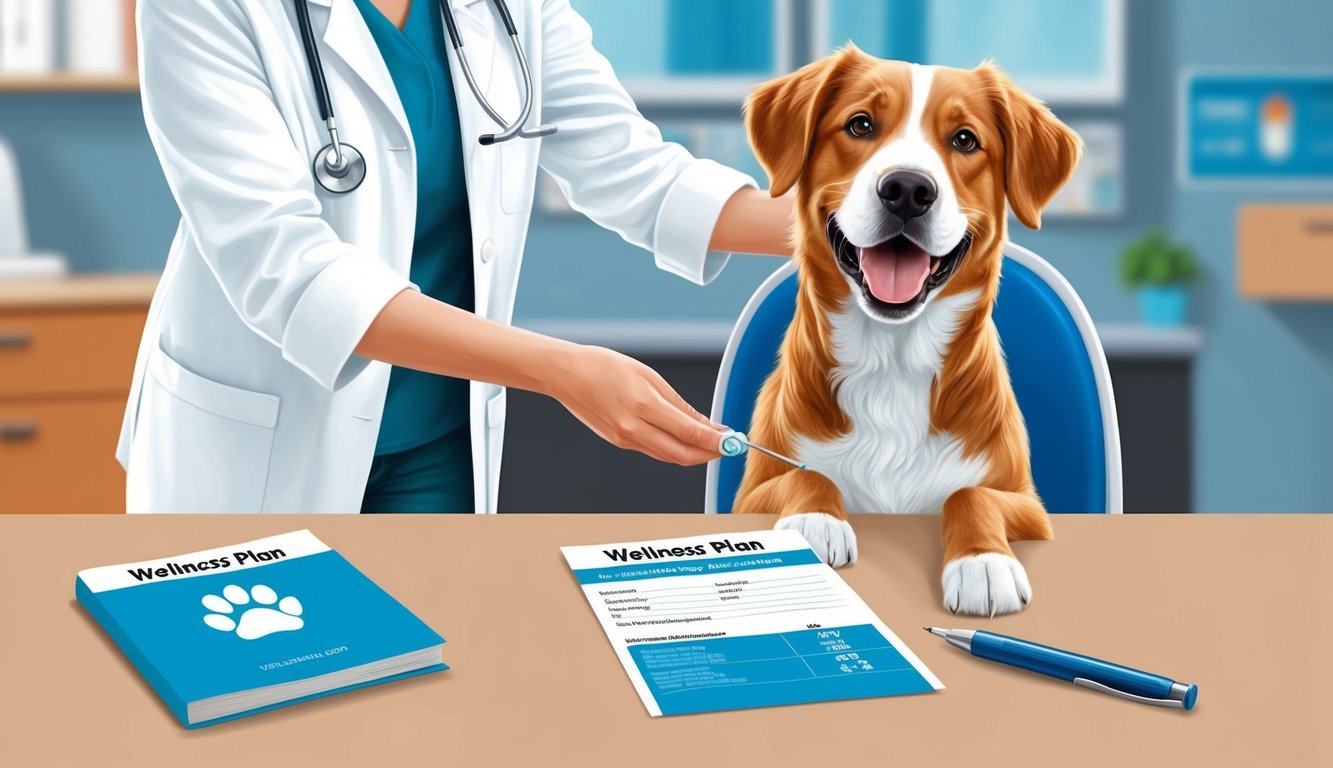 Veterinarian with dog, wellness plan documents, and pen on a table