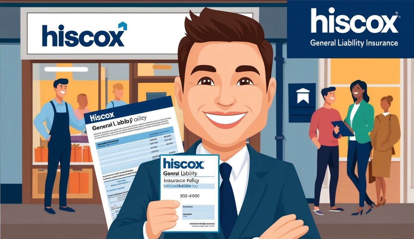 A small business owner smiling while confidently holding a Hiscox general liability insurance policy, with a storefront and customers in the background