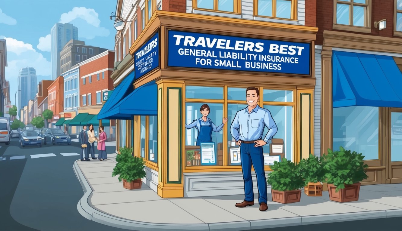 A small business owner stands proudly in front of their storefront, with a sign displaying "Travelers Best general liability insurance for small business" prominently displayed.</p><p>The building is surrounded by bustling city streets and other businesses