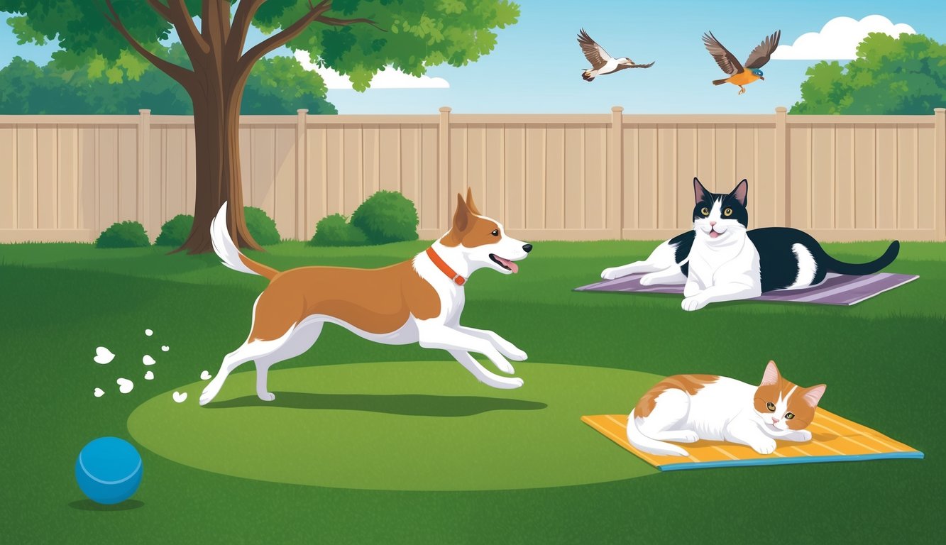 Dog running in a yard with two cats, birds, and a blue ball