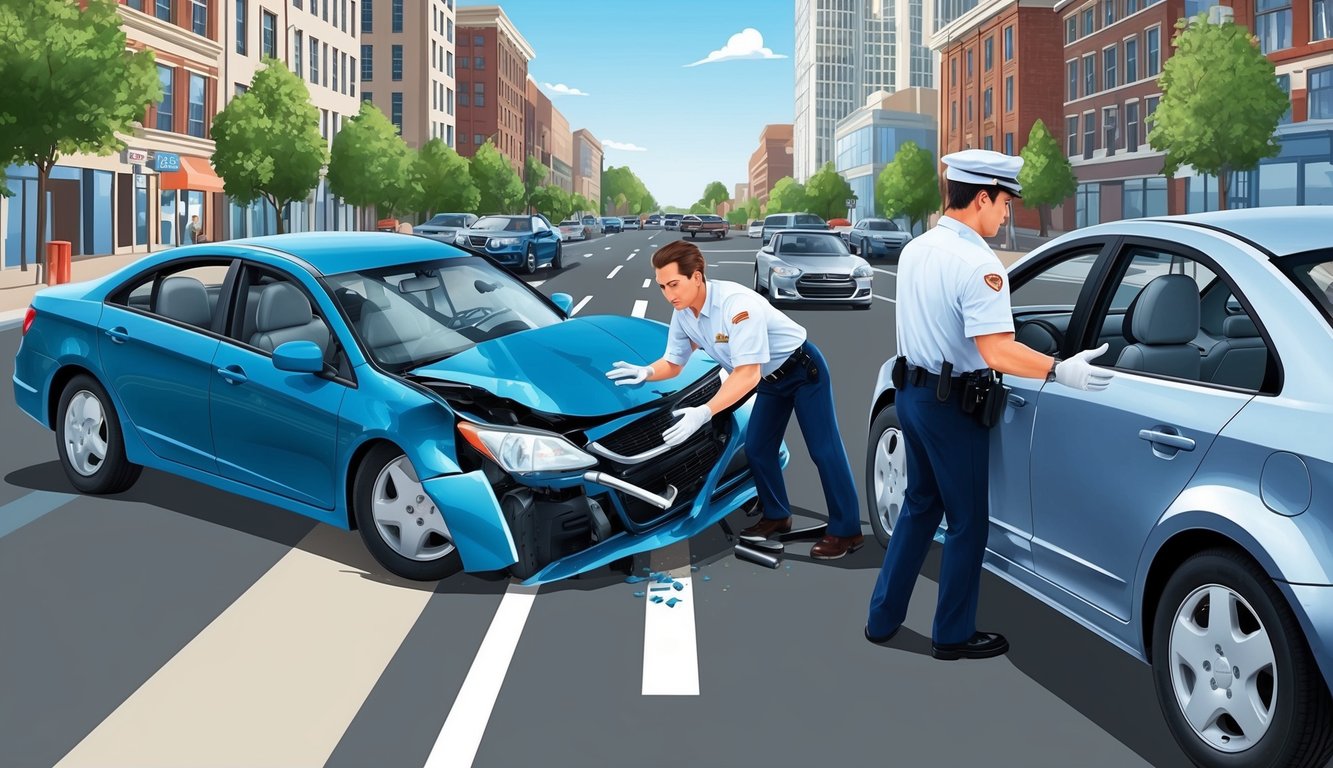 A car accident on a busy street, with two vehicles colliding and a State Farm insurance agent assisting the injured parties