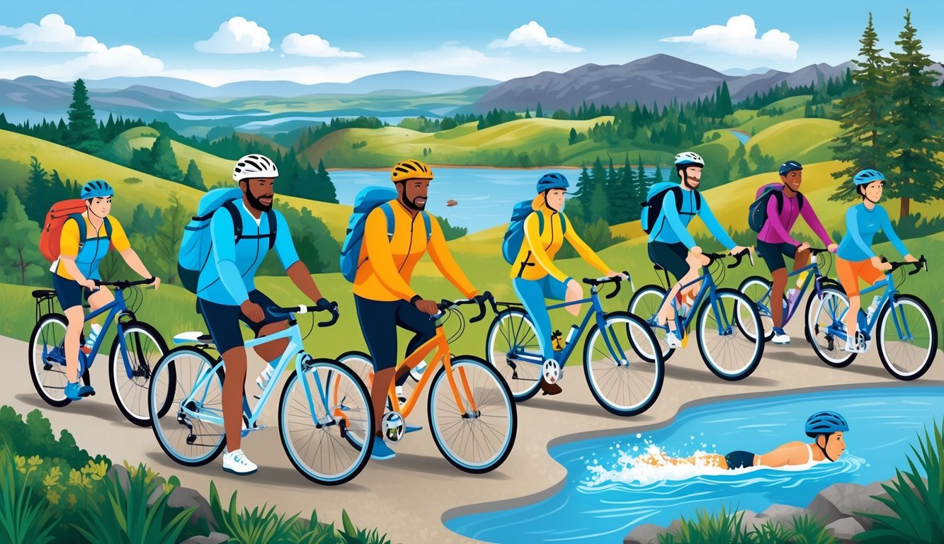 A group of diverse individuals engaging in various recreational activities, such as biking, hiking, and swimming, with a backdrop of scenic landscapes and natural settings