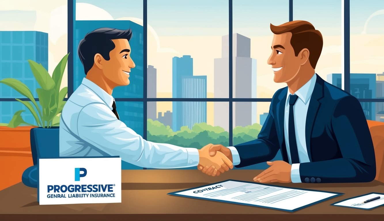 A small business owner shaking hands with a representative from Progressive Best general liability insurance, with a contract on the table