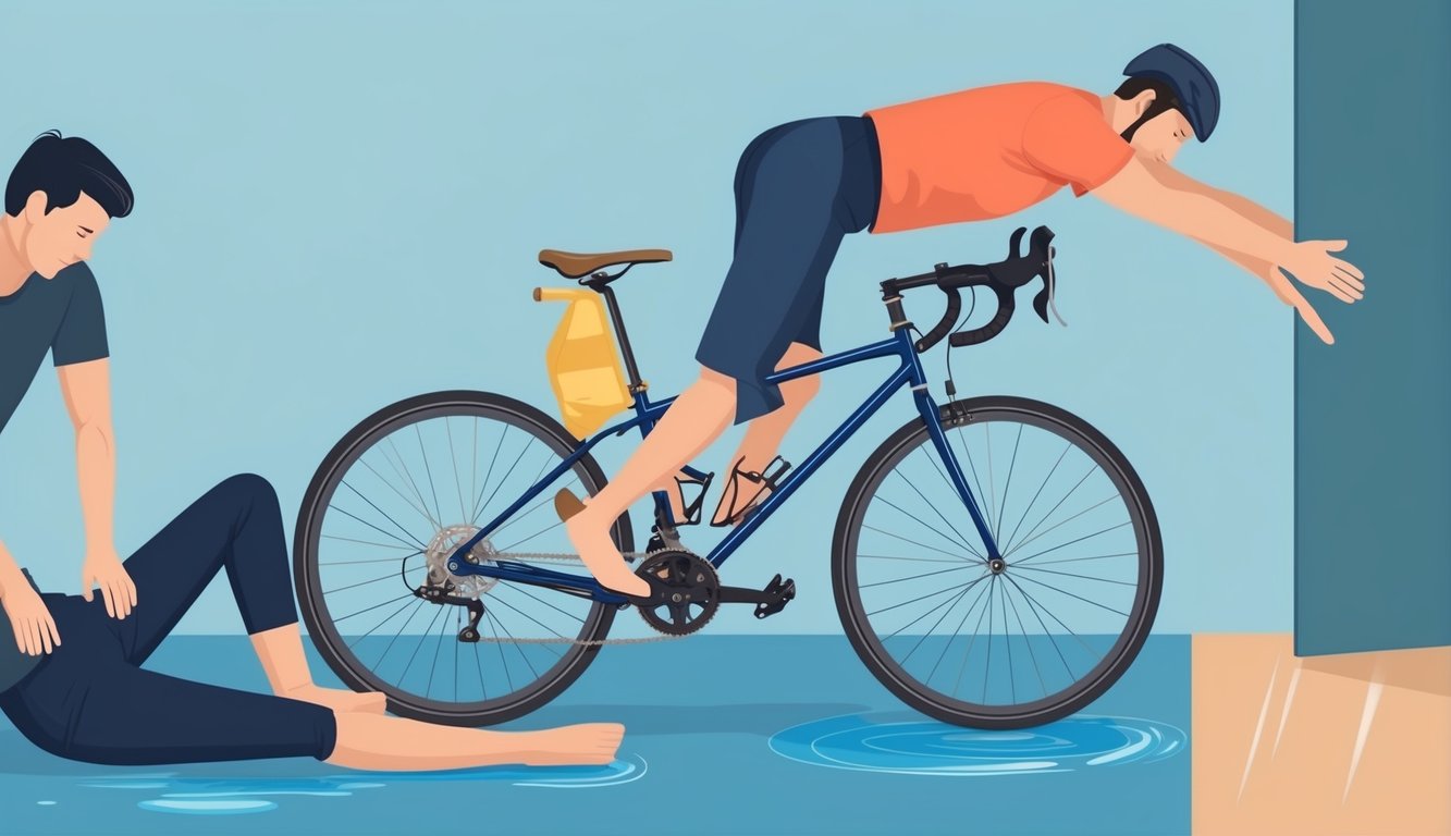 A person riding a bike falls and injures their leg, while another person slips on a wet floor and hurts their arm