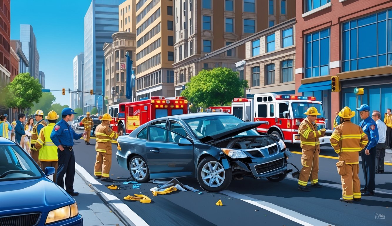 A car crash on a busy city street, with emergency responders and onlookers gathered around