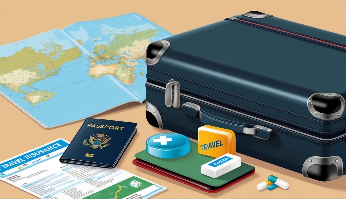 Suitcase, passport, map, travel insurance, and medicine, ready for a trip