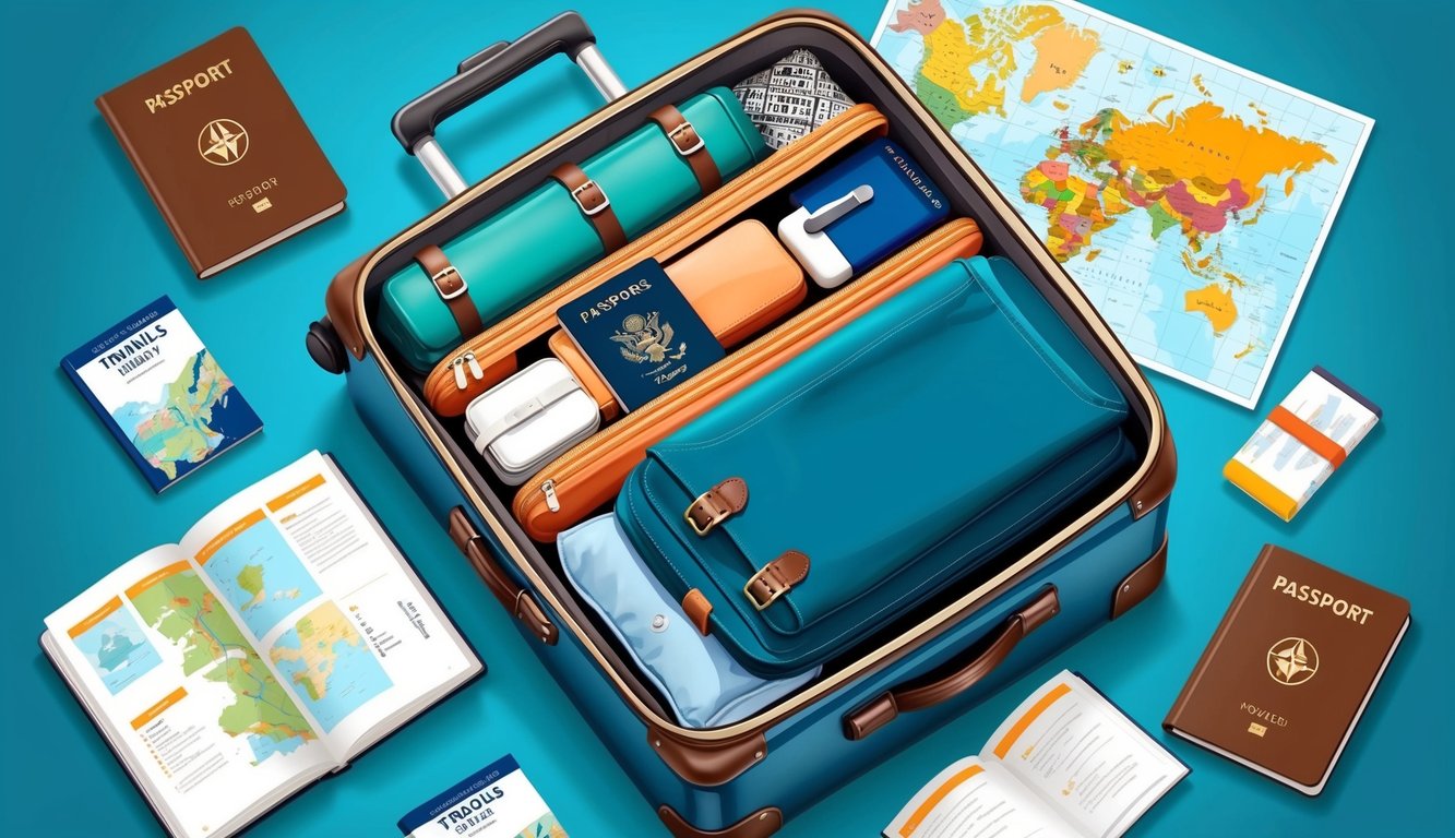 A traveler's suitcase packed with essentials and a passport, surrounded by travel guides and a map