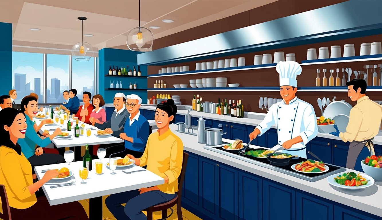 A bustling restaurant with happy diners, a well-stocked bar, and a chef preparing delicious dishes in a clean, organized kitchen