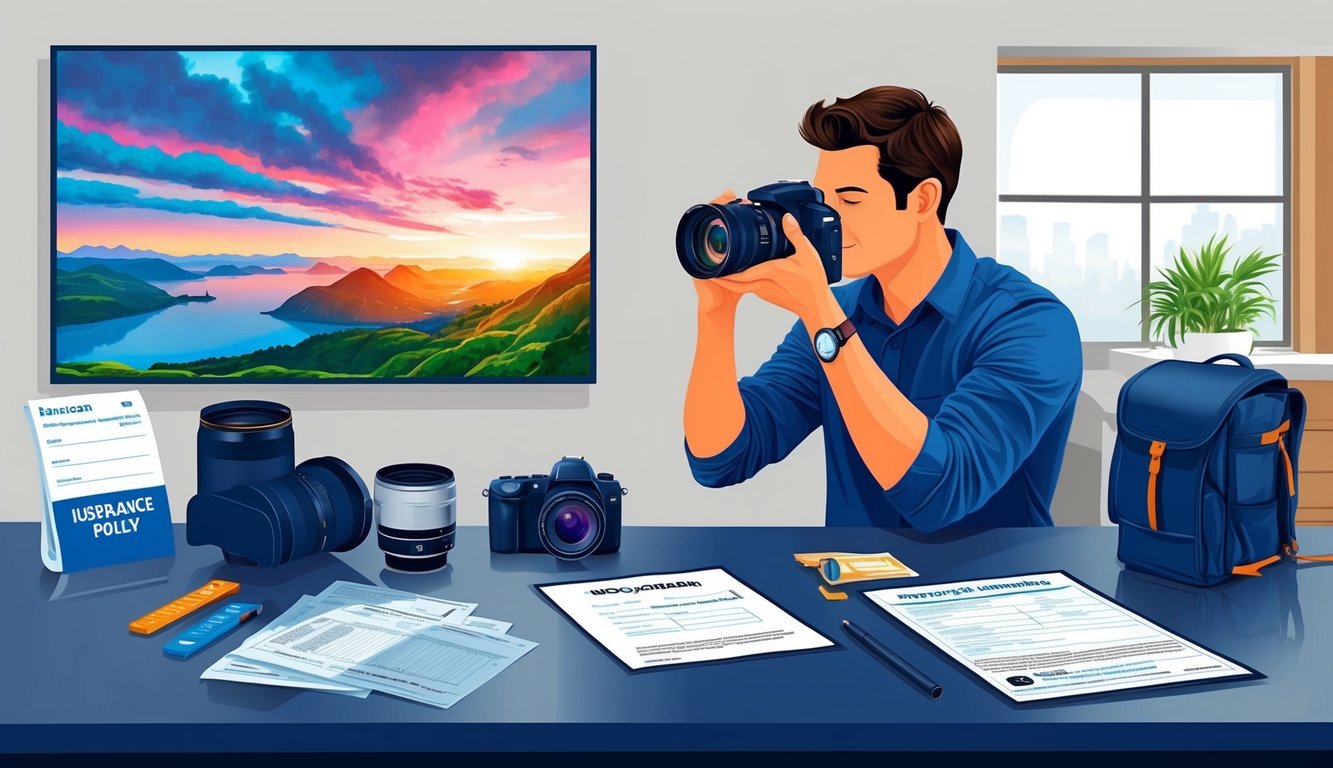 Man taking a photo with camera, desk with equipment and documents