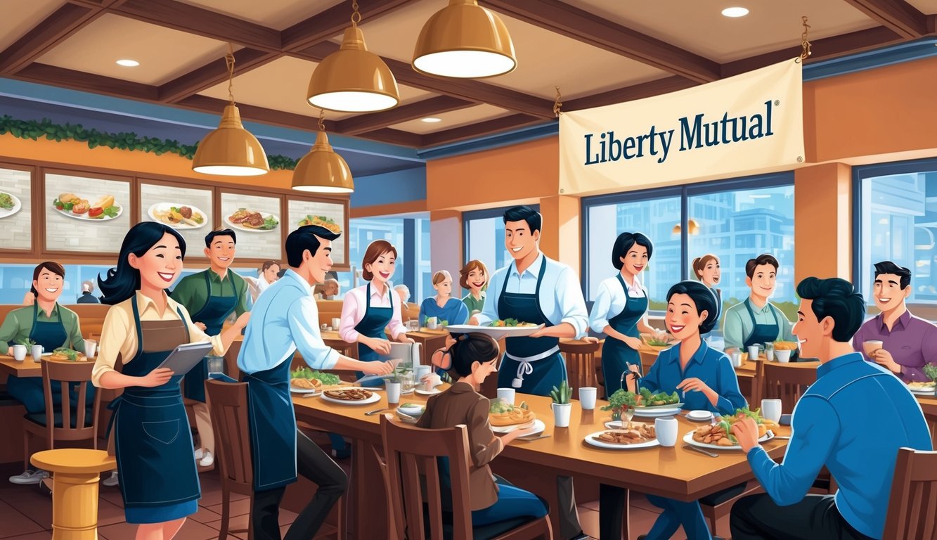 A bustling restaurant with happy customers and efficient staff.</p><p>A Liberty Mutual banner hangs prominently.</p><p>The atmosphere is warm and inviting, with a sense of security and protection