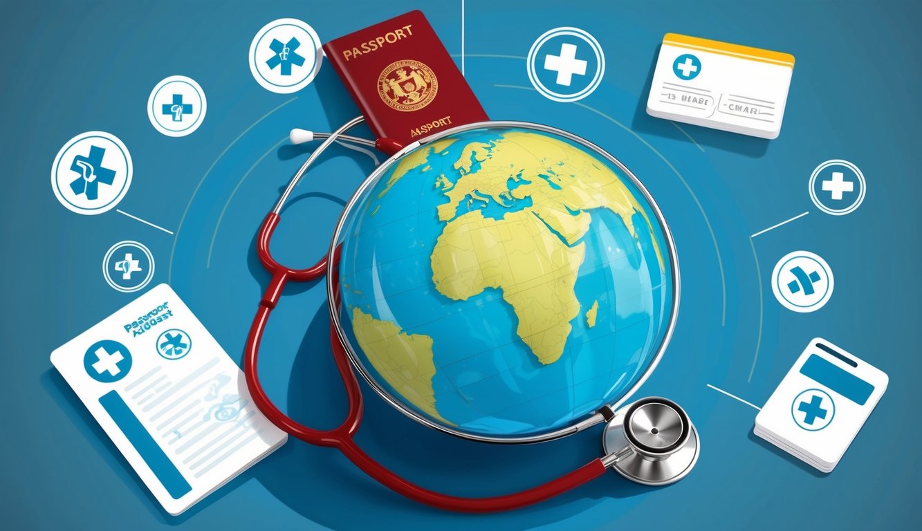 A globe surrounded by medical symbols and a passport, with a stethoscope draped over it