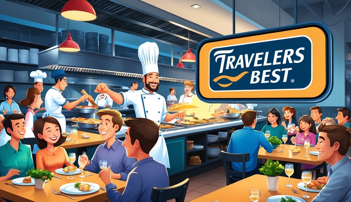 A bustling restaurant with happy diners, a chef cooking in the open kitchen, and a prominent "Travelers Best" insurance sign displayed prominently